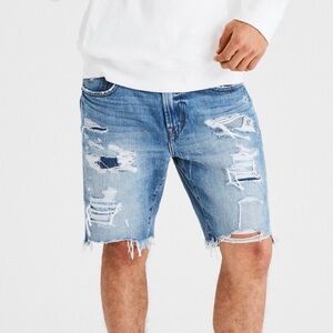 American Eagle Men’s Heavily Distressed Patched Denim Knee Length Jean Shorts 30